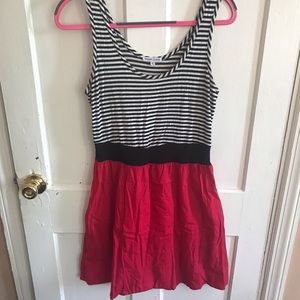 Striped dress with color block red bottom